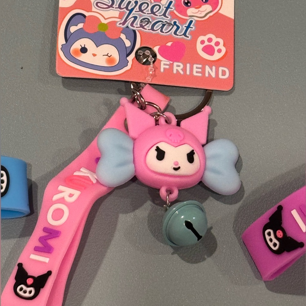 Bag charm Kuromi Pink Bracelet Keychain with Pink and Blue Bell Accents